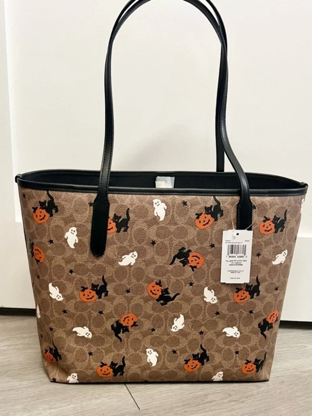Coach Brown Halloween Tote with Black Straps and Orange Accents